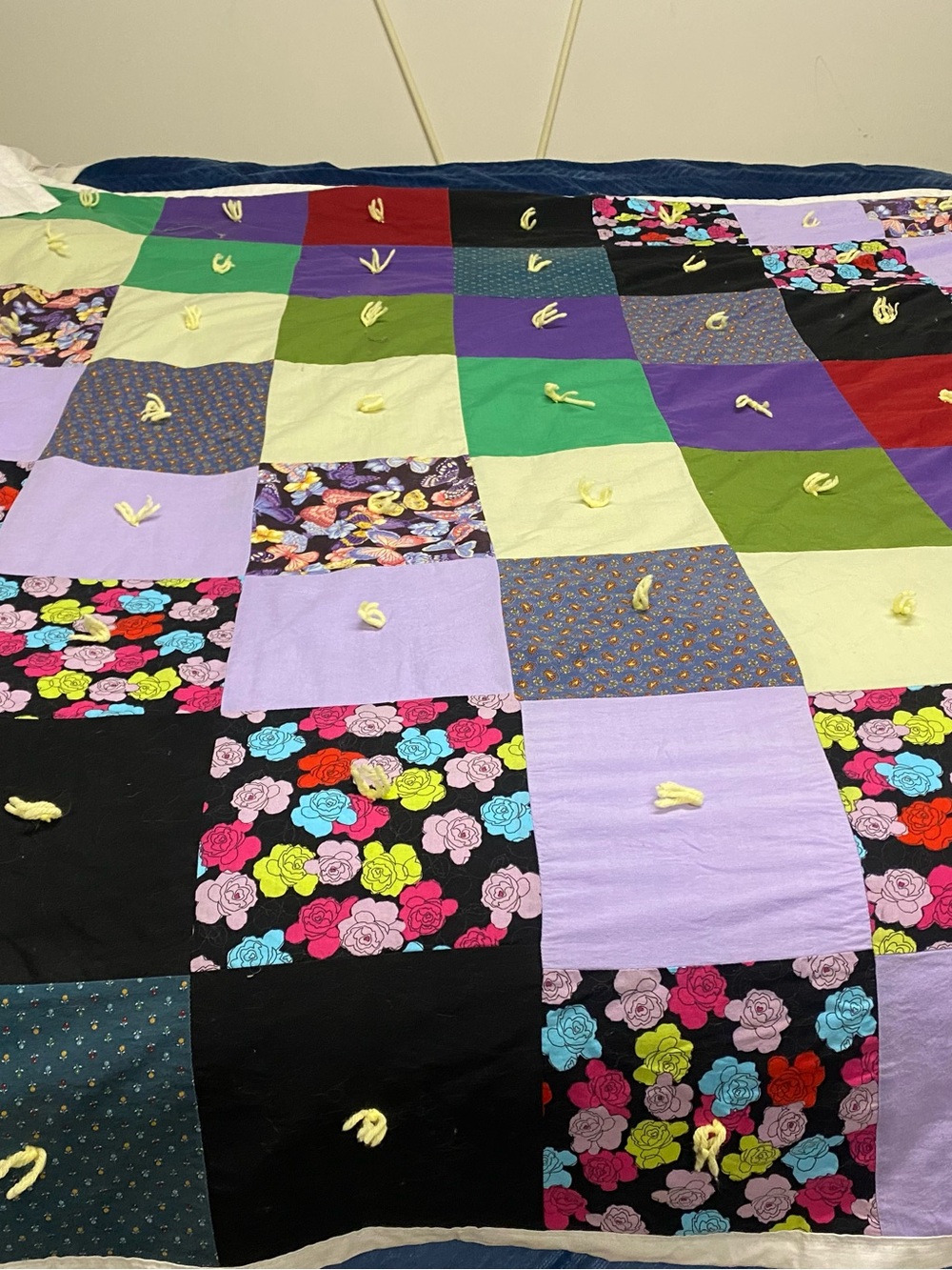 Colorful Floral Patchwork Quilt - Lavender, Black, Green & Red